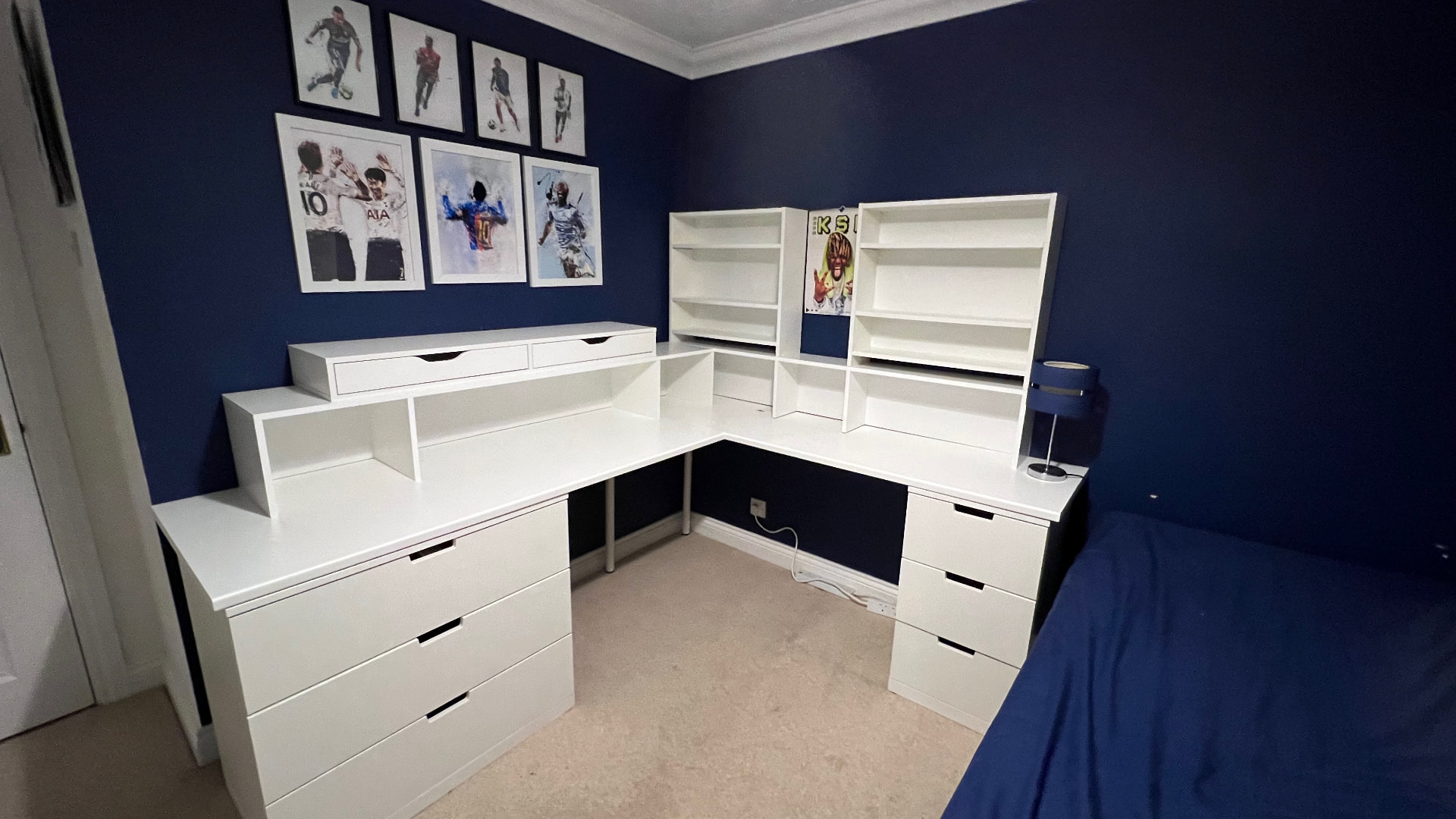 Finished bespoke corner desk with handmade shelving and drawer units